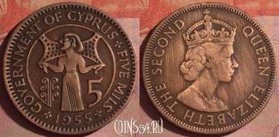 Кипр 5 милс 1955 года, KM# 34, 052i-167