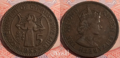 Кипр 5 милс 1955 года, KM# 34, a121-001