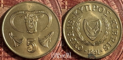 Кипр 5 центов 1991 года, KM# 55.3, 360s-108