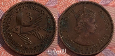 Кипр британский 3 милс 1955 года, KM# 33, 181-007