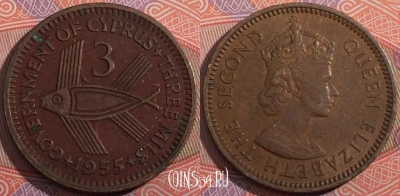 Кипр британский 3 милс 1955 года, KM# 33, a076-012