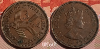 Кипр британский 3 милс 1955 года, KM# 33, a111-108