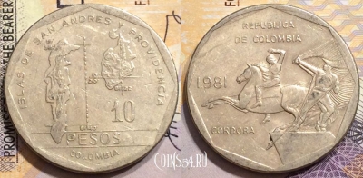 Колумбия 10 песо 1981 года, KM# 270, 152-021