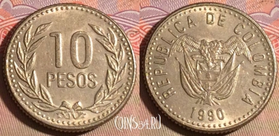 Колумбия 10 песо 1990 года, KM# 281, 223a-065