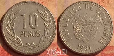 Колумбия 10 песо 1991 года, KM# 281, 330n-101