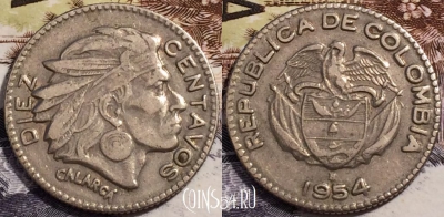 Колумбия 10 сентаво 1954 года, KM# 212, 238-034