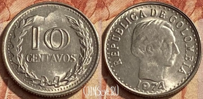 Колумбия 10 сентаво 1974 года, KM# 253, 446q-026