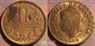 Колумбия 2 сентаво 1959 года, KM# 214, 141b-018