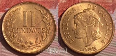 Колумбия 2 сентаво 1965 года, KM# 211, UNC, 266b-081
