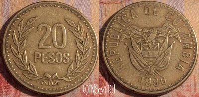 Колумбия 20 песо 1990 года, KM# 282, 170a-026