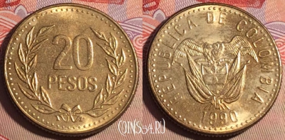Колумбия 20 песо 1990 года, KM# 282, 206a-098