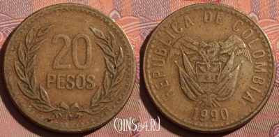 Колумбия 20 песо 1990 года, KM# 282, 216b-052
