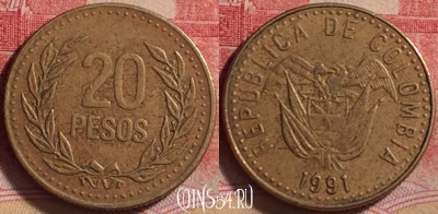Колумбия 20 песо 1991 года, KM# 282, 236j-100