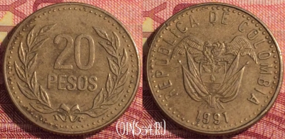 Колумбия 20 песо 1991 года, KM# 282, 295i-012