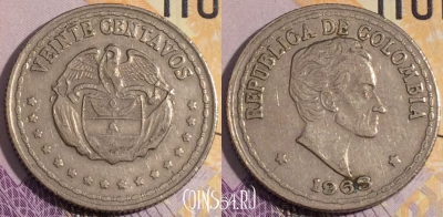 Колумбия 20 сентаво 1963 года, KM# 215, 186a-003