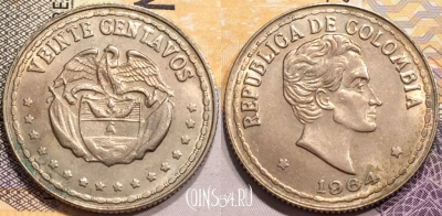 Колумбия 20 сентаво 1964 года, KM# 215, 141-024