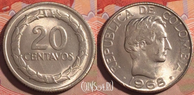 Колумбия 20 сентаво 1968 года, KM# 227, 193a-051