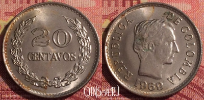 Колумбия 20 сентаво 1969 года, KM# 237, 296i-083