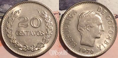 Колумбия 20 сентаво 1970 года, KM# 237, a141-108
