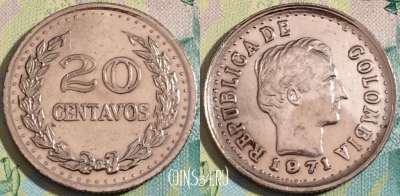 Колумбия 20 сентаво 1971 года, KM# 245, a090-115