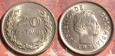 Колумбия 20 сентаво 1971 года, KM# 246, 297o-120