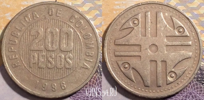 Колумбия 200 песо 1996 года, KM# 287, 193-063