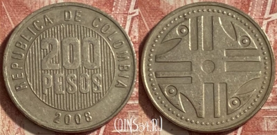 Колумбия 200 песо 2008 года, KM# 287, 484р-048