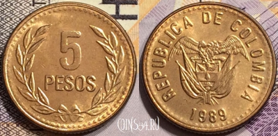 Колумбия 5 песо 1989 года, aUNC, KM# 280, 143-143