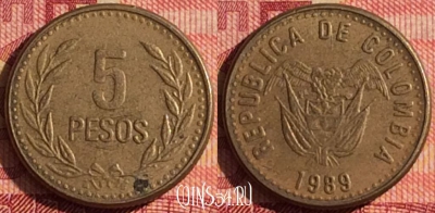 Колумбия 5 песо 1989 года, KM# 280, 331i-140