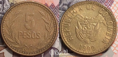 Колумбия 5 песо 1990 года, KM# 280, 129-076