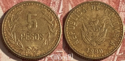 Колумбия 5 песо 1990 года, KM# 280, 365r-050 ♛