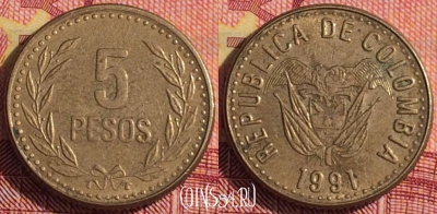 Колумбия 5 песо 1991 года, KM# 280, 291i-135