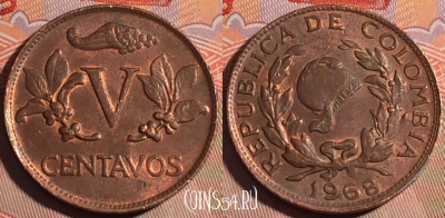 Колумбия 5 сентаво 1968 года, KM# 206a, 197a-019