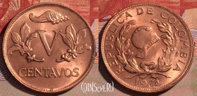 Колумбия 5 сентаво 1974 года, KM# 206a, 064d-136