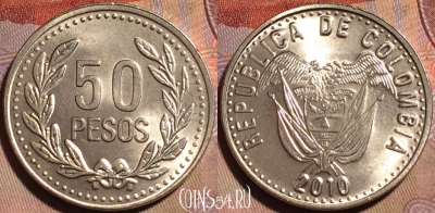 Колумбия 50 песо 2010 года, KM# 283.2a, 150b-132