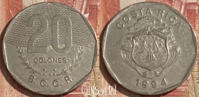 Коста-Рика 20 колонов 1994 г., редкая, KM# 216.3, 483р-019 ♛