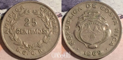 Коста-Рика 25 сентимо 1969 года, KM# 188.1, a067-040