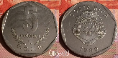 Коста-Рика 5 колонов 1989 года, KM# 214.1, 205c-136