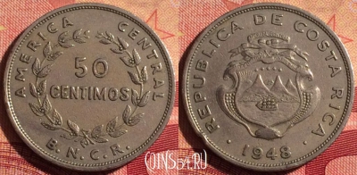 Коста-Рика 50 сентимо 1948 года, KM# 182, 229i-075