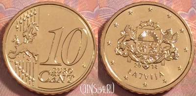 Латвия 10 евроцентов 2014 года, KM# 153, UNC, 098k-073