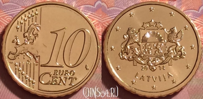 Латвия 10 евроцентов 2014 года, KM# 153, UNC, 275j-117