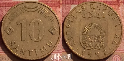 Латвия 10 сантимов 1992 года, KM# 17, 289k-102