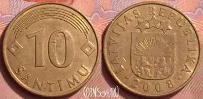 Латвия 10 сантимов 2008 года, KM# 17, 056l-002