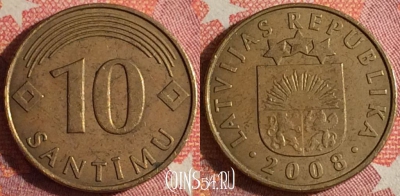 Латвия 10 сантимов 2008 года, KM# 17, 352-122