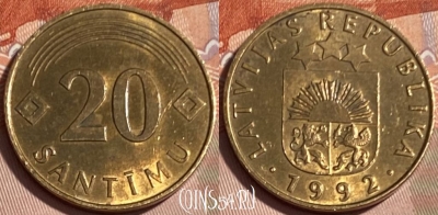 Латвия 20 сантимов 1992 года, KM# 22.1, 067s-067