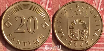 Латвия 20 сантимов 2009 года, KM# 22.1, UNC, 292m-045