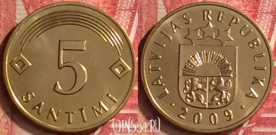 Латвия 5 сантимов 2009 года, KM# 16, UNC, 292m-140