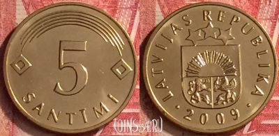 Латвия 5 сантимов 2009 года, KM# 16, UNC, 293m-028