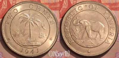 Либерия 2 цента 1941 года, KM# 12a, UNC, 134l-058