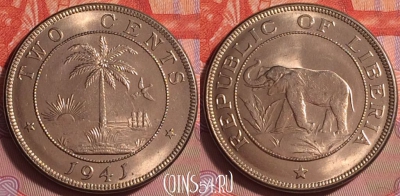 Либерия 2 цента 1941 года, KM# 12a, UNC, 377j-139